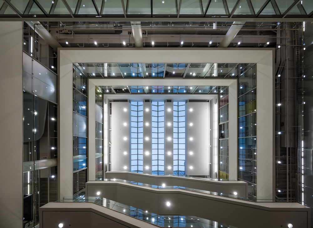 Goergen Hall’s M.C. Escher-esque atrium is seen from below