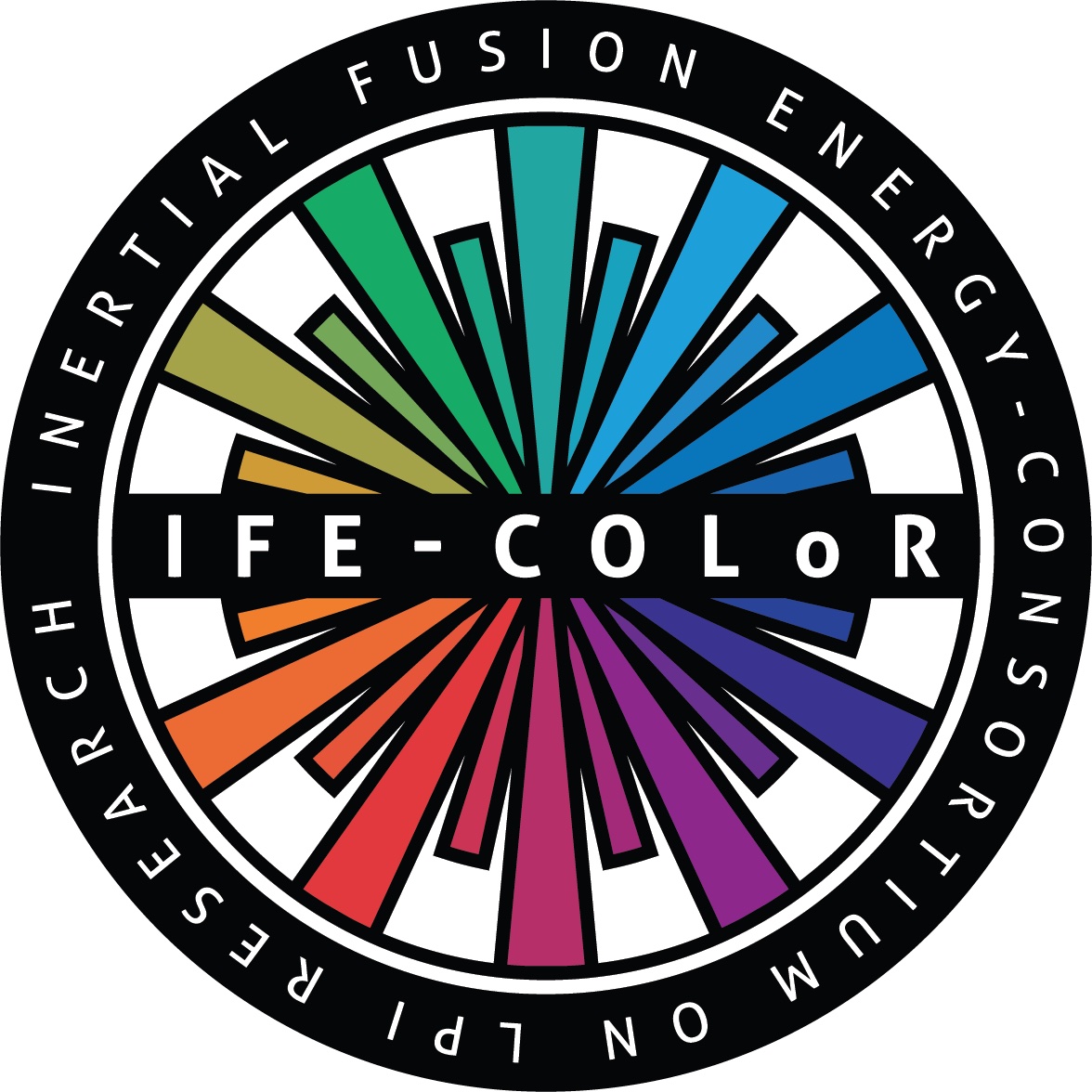 IFE-COLoR logo shows rainbow-colored beams emanating from the center to create a seal with the words inertial fusion energy consortium LPI research.