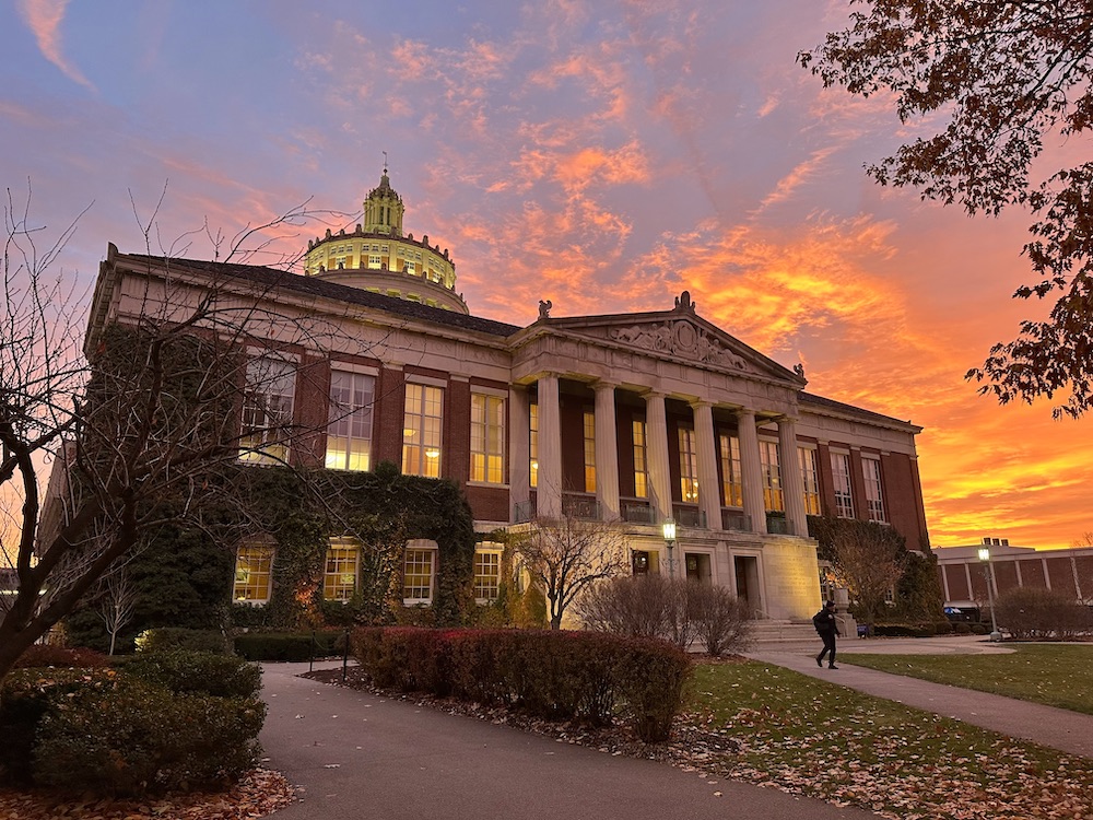 Sunrise behind Rush Rhees Library