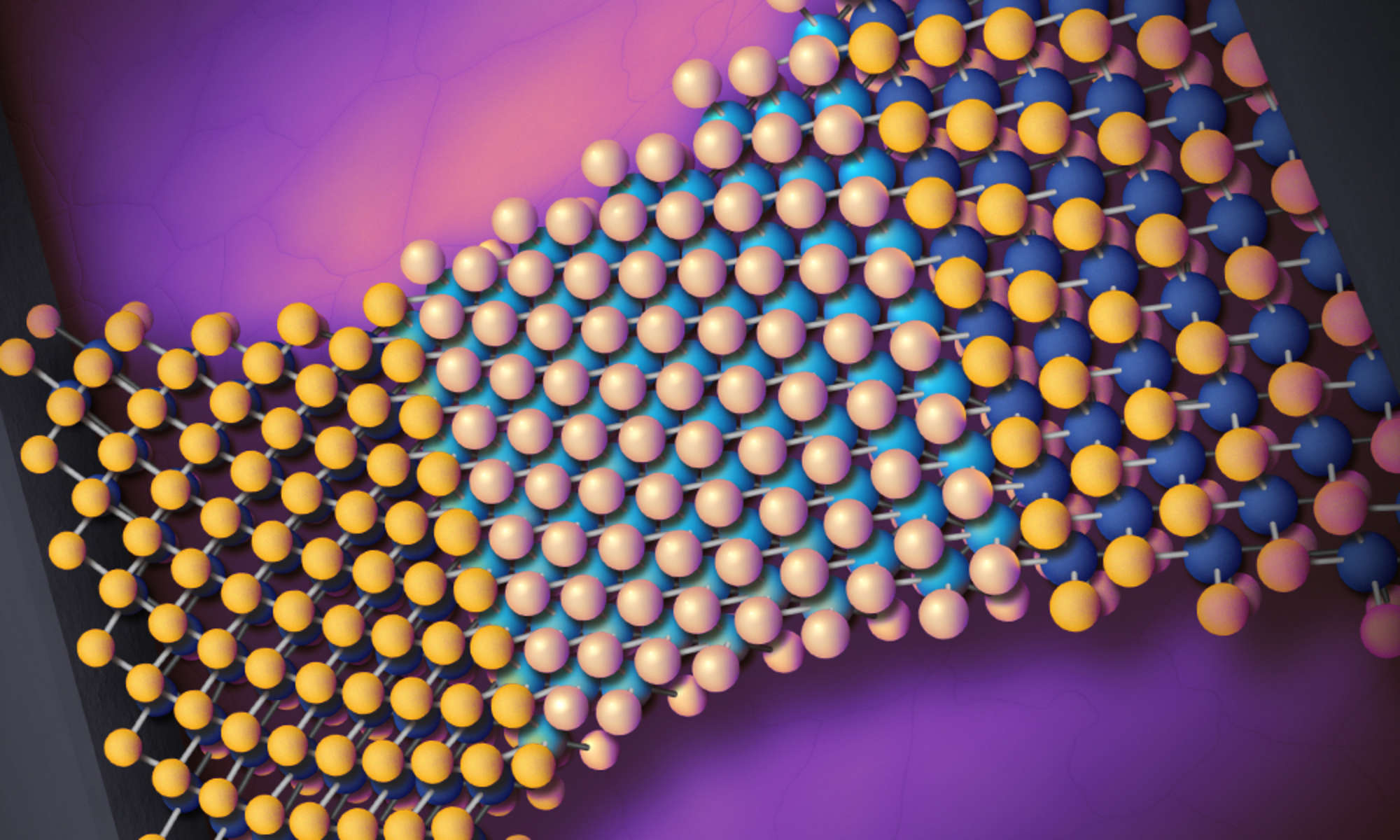 Illustration of a 2D material represented by dots of various colors against a magenta background to help explain phase-change memristors technology.