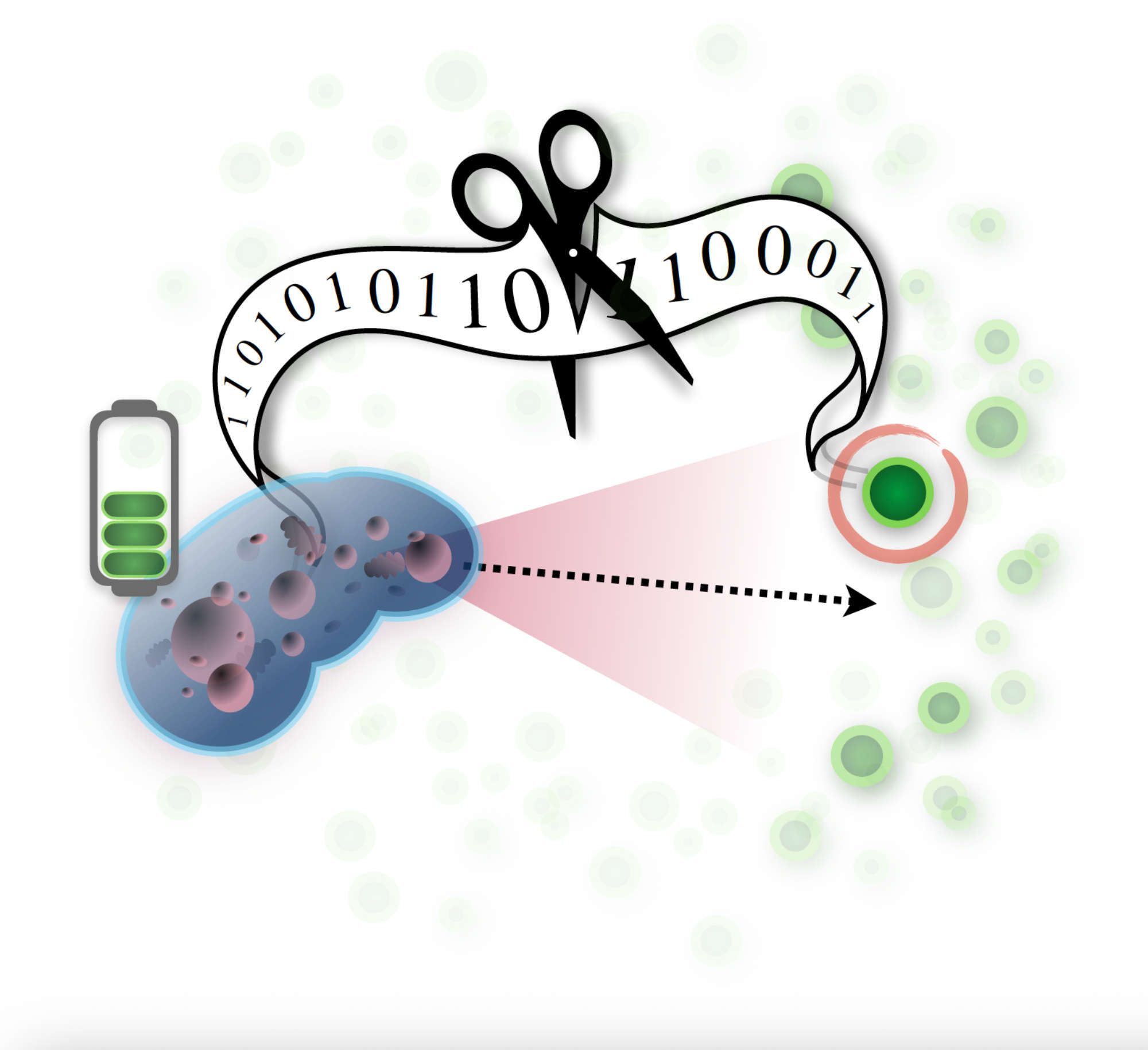 Scissors cutting across ticker tape of zeroes and ones in conceptual illustration of bits of information that each contribute to living system survival. 