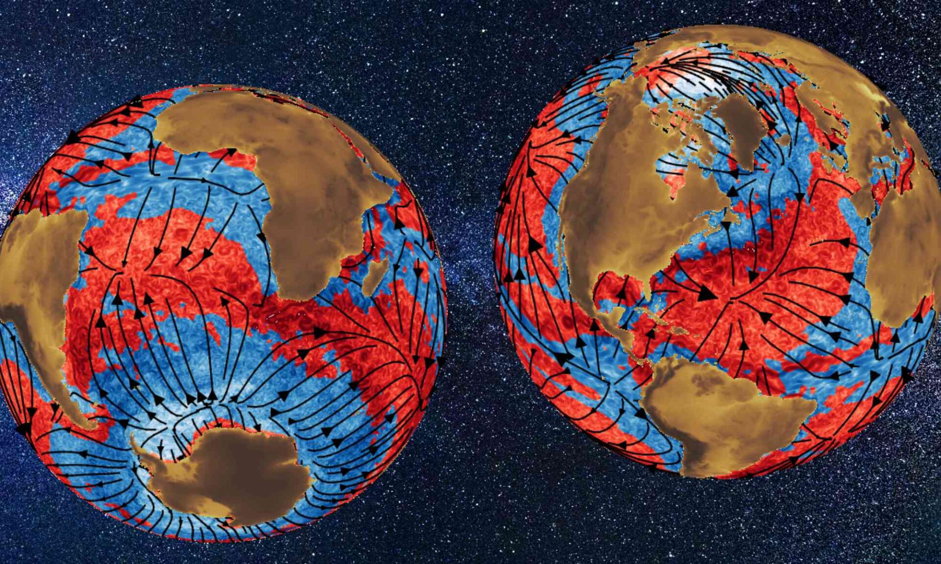 illustration showing two views of Earth with ocean weather systems (mesoscale eddies, energized ones in red, weakened ones in blue) from data overlaid with atmospherically driven climate-scale currents (black lines).