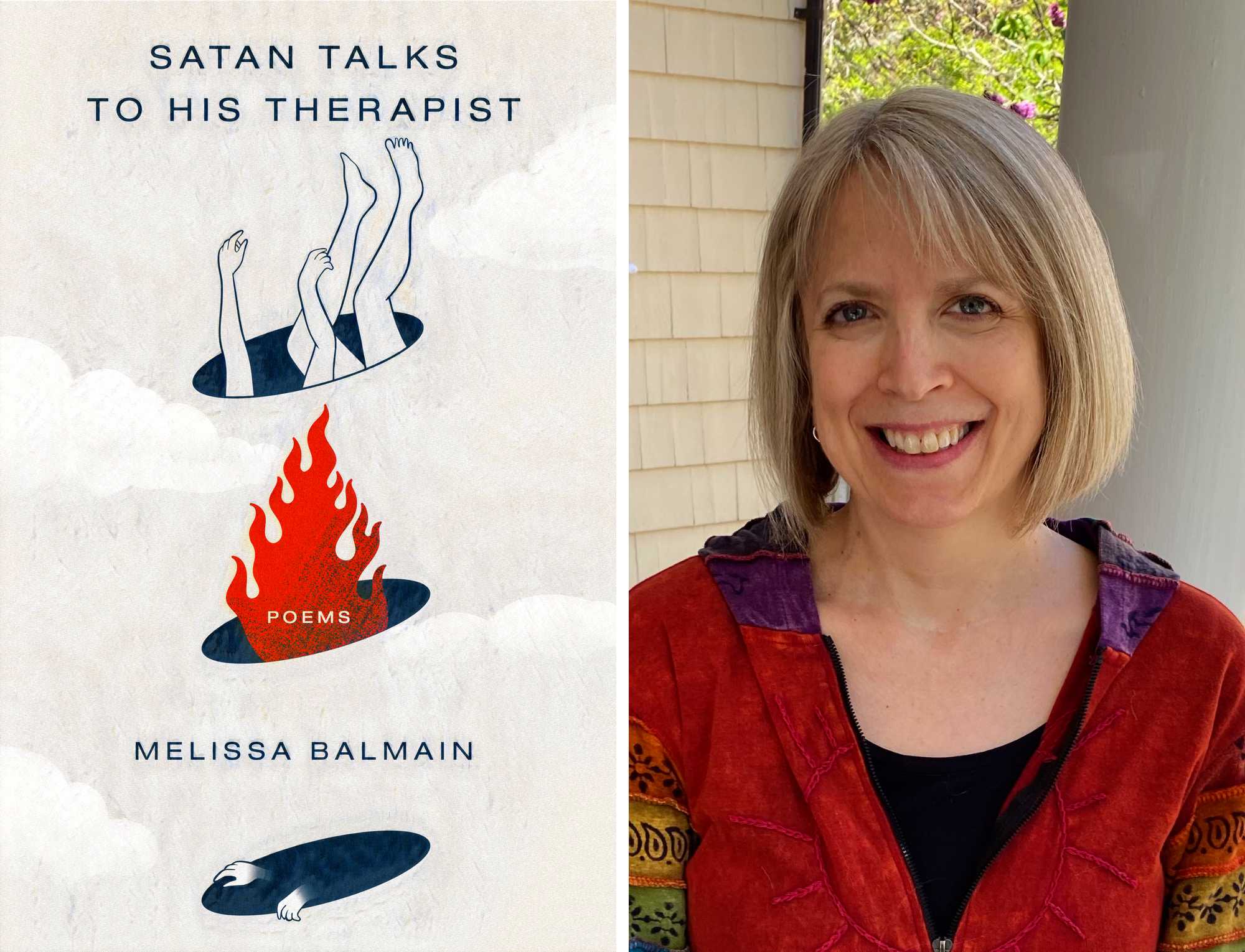 Diptych of book cover art for "Satan Talks to His Therapist: Poems," a light verse collection by Melissa Balmain and a headshot of the author smiling at the camera.