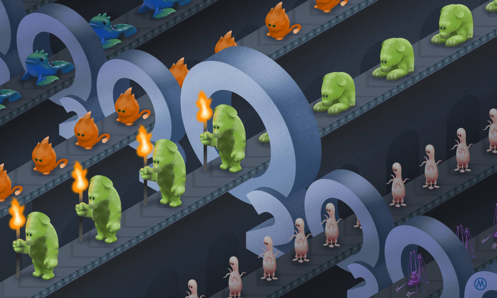 Illustration depicting five conveyer belts, each carrying different type of cartoon alien and going through an 