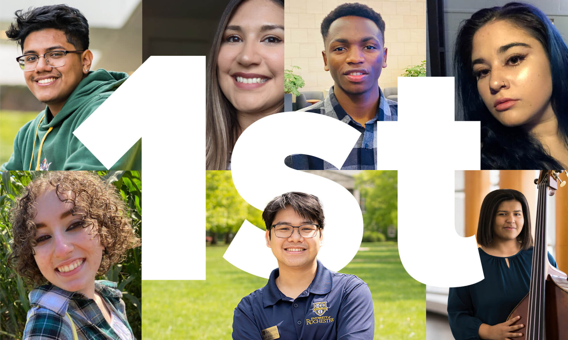 A collage of photos of first generation students at the University of Rochester with 