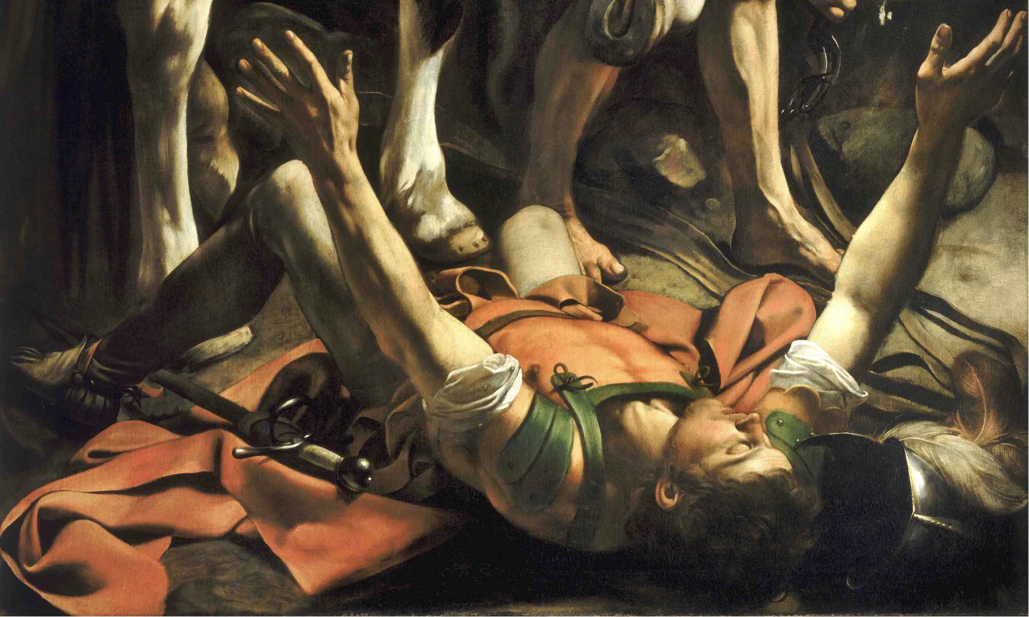 Detail of Caravaggio's "The Conversion of Saint Paul" shows Saul sprawled on the ground beneath a horse's legs, blinded and with his arms raised. A crop of the painting serves as the cover art for Jennifer Grotz's "Still Falling: Poems."