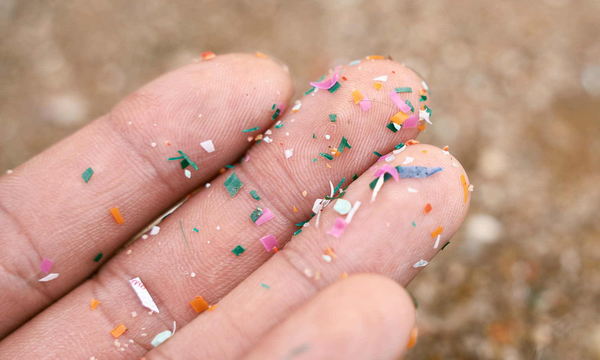 Close-up of fingers covered in tiny shards of microplastics.