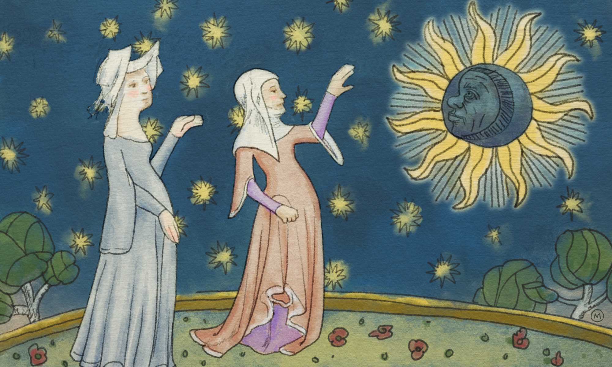Medieval era-style illustration of two women during the Middle Ages looking at a solar eclipse while stars twinkle in the night sky.