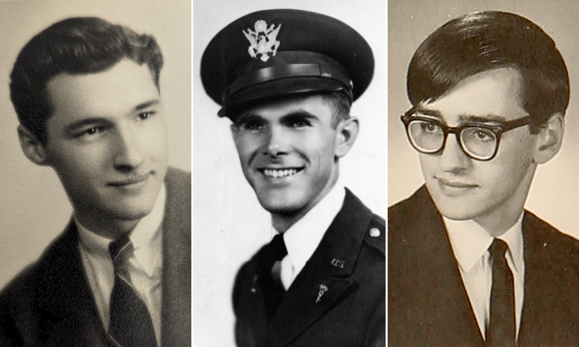 three archival yearbook photos of students from the 1940s and 1960s.