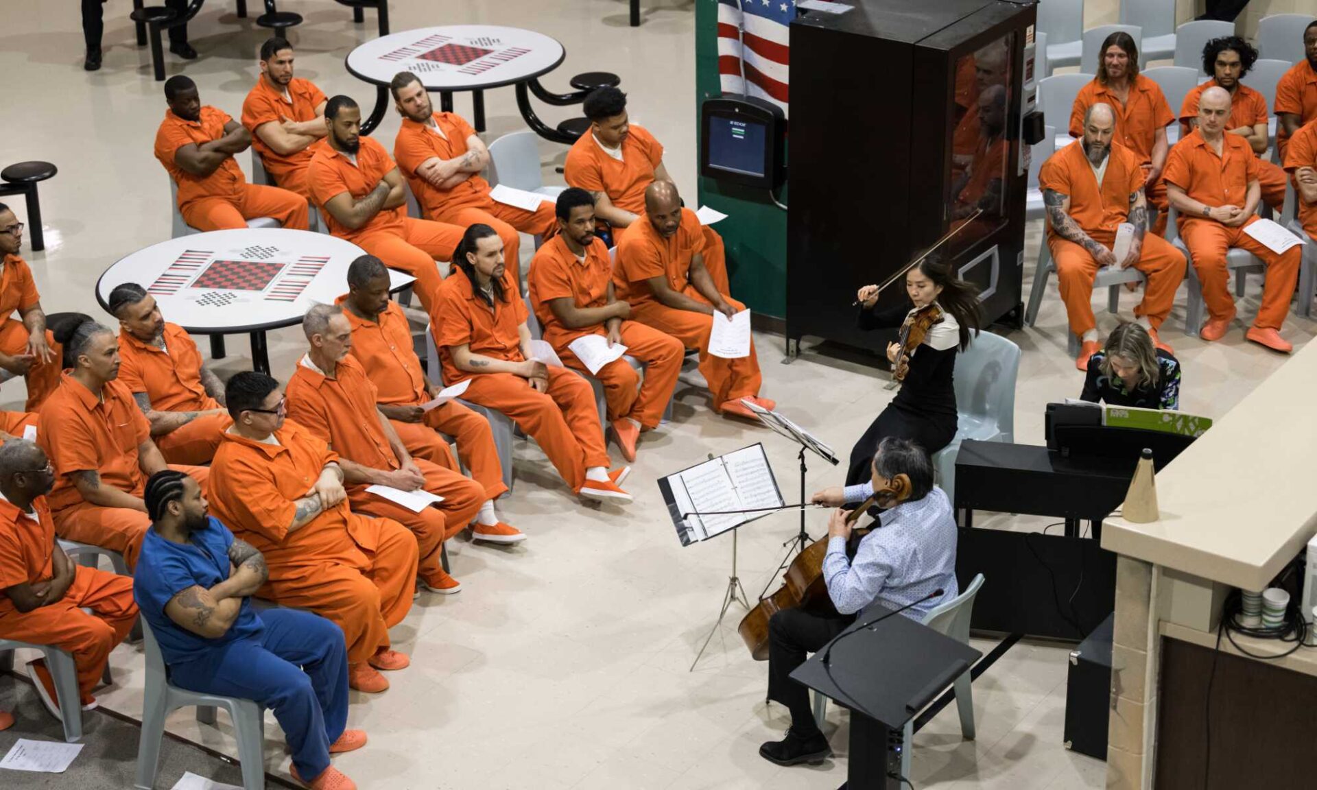 Elevated view of ROC City Concert performs playing music for incarcerated individuals.