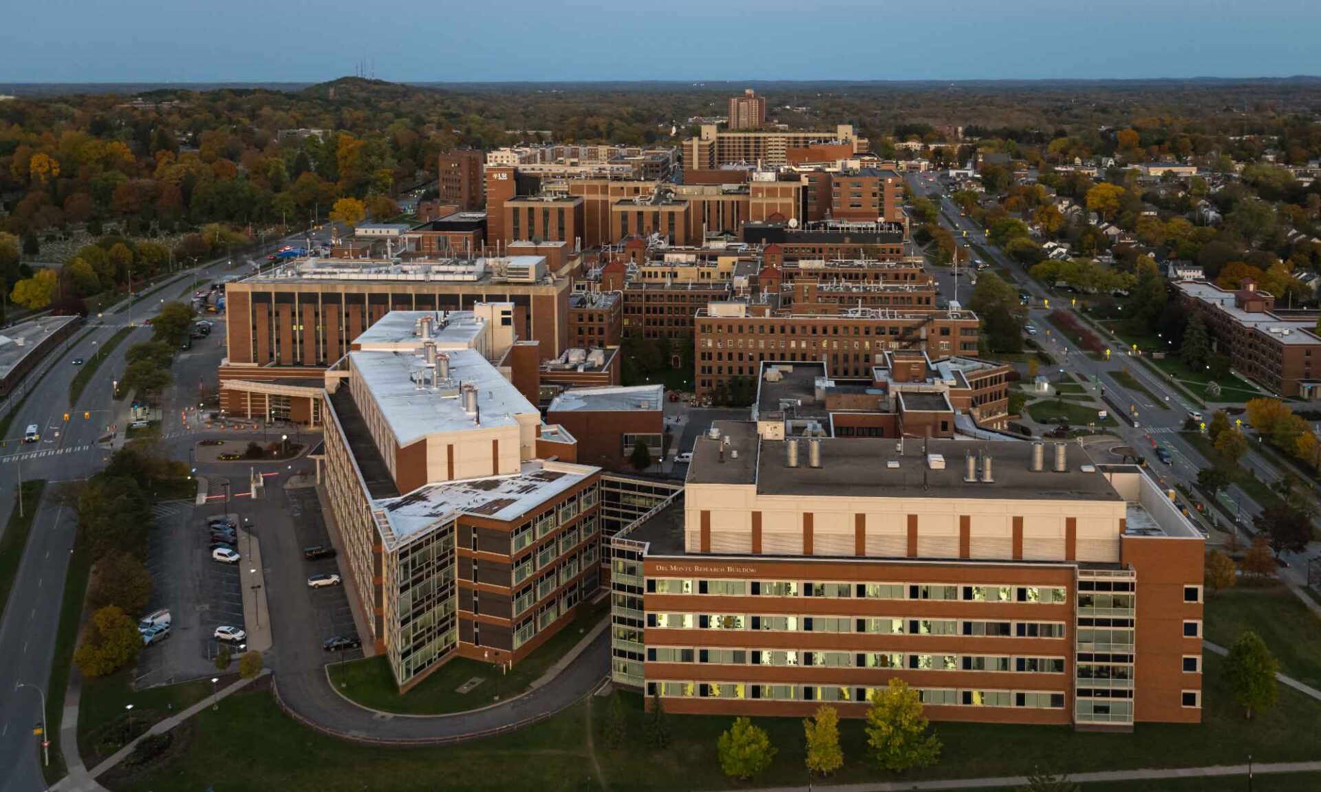 Aerial view of the University of Rochester's Medical Center campus.