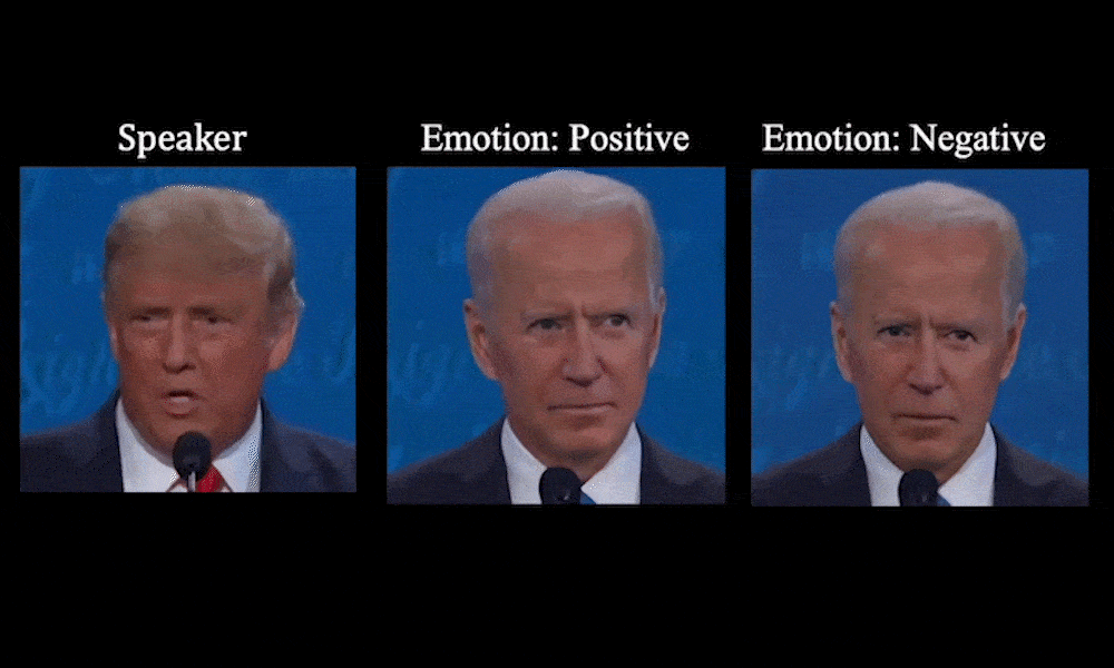 Feature image GIF showing an example of deepfakes created with artificial intelligence featuring speaker Donald Trump alongside AI-generated positive and negative reactions from Joe Biden.