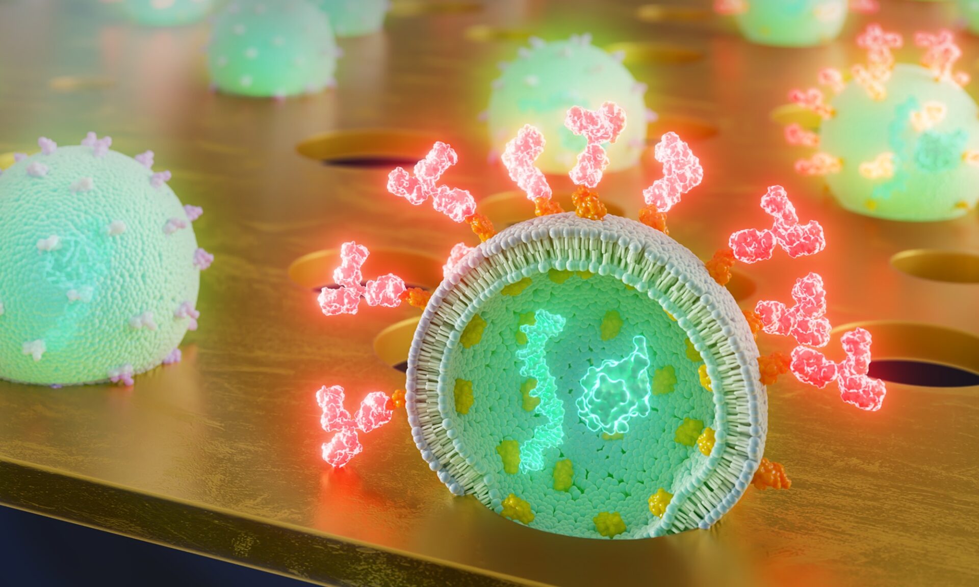 Illustration of the CAD-LB method showing a green extracellular vesicle with pink proteins attached sitting on top of a gold nanomembrane.