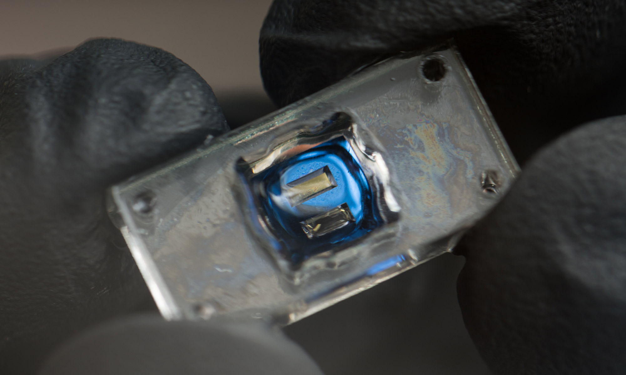 hands wearing black gloves hold a small gray chip with a blue center.