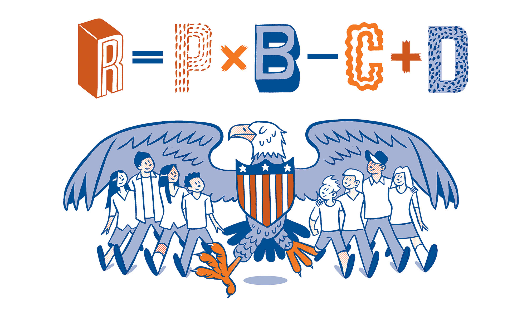Colorful block letters show the voting equation R = P × B − C + D, with labels for probability, benefit, cost, and the value of voting itself.