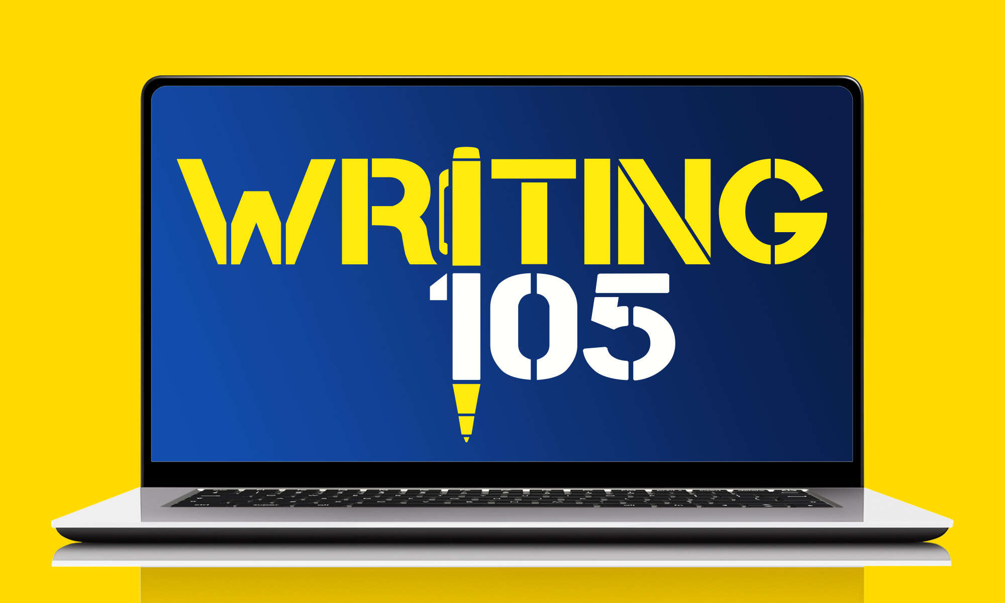Illustration showing an open laptop with the "writing 105" written on the screen and a pen forming the first "I" in "writing" and the "1" in "105" to convey the idea of writing skills in communication.