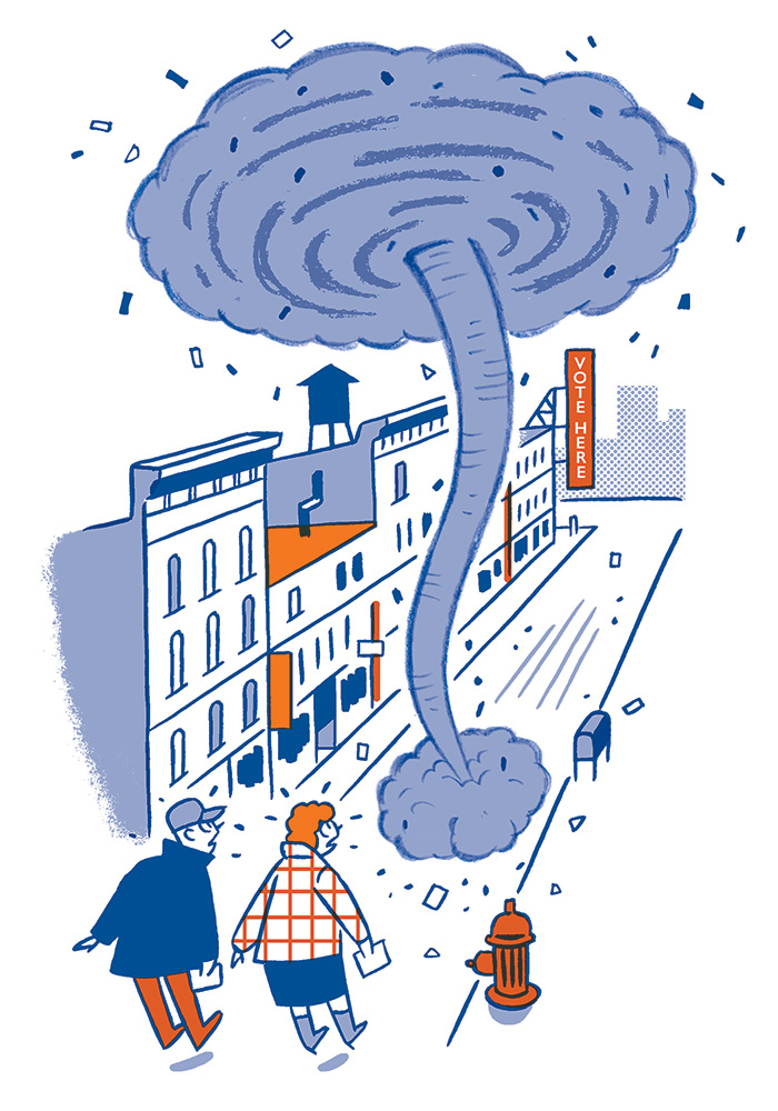 An illustrated tornado strikes a city street near a polling place as voters navigate the disruption while carrying ballots