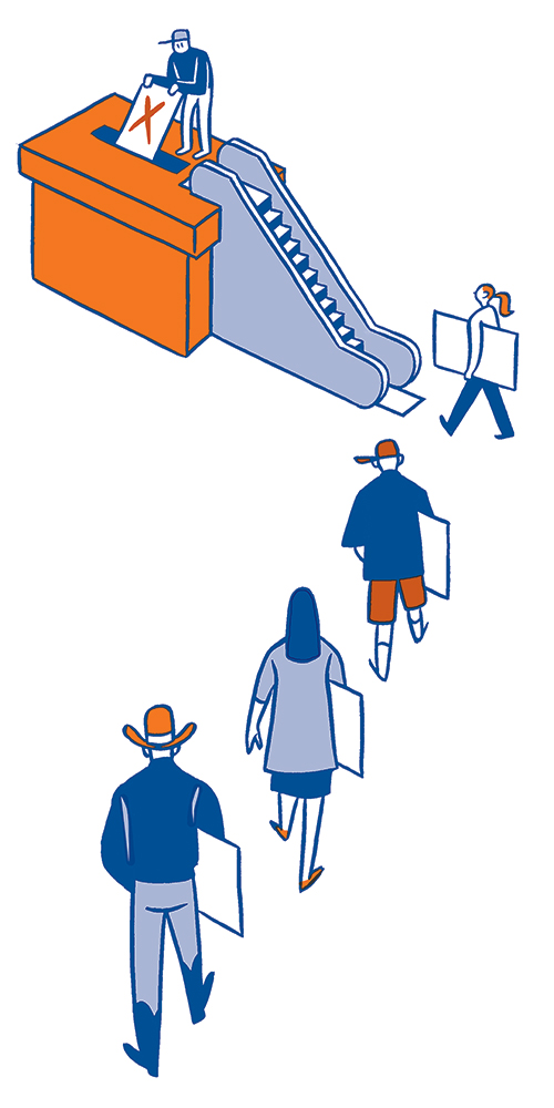 Four people walking with giant ballots in hand toward an escalator that takes them to the top of a voting ballot box where one person is inserting their ballot.