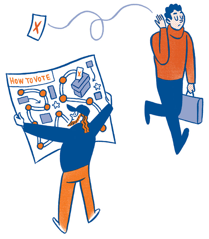 A person holds a large illustrated “How to Vote” map crowded with arrows, signs, and directions, representing the steps involved in voting, while another person throws away their ballot while walking with a briefcase.