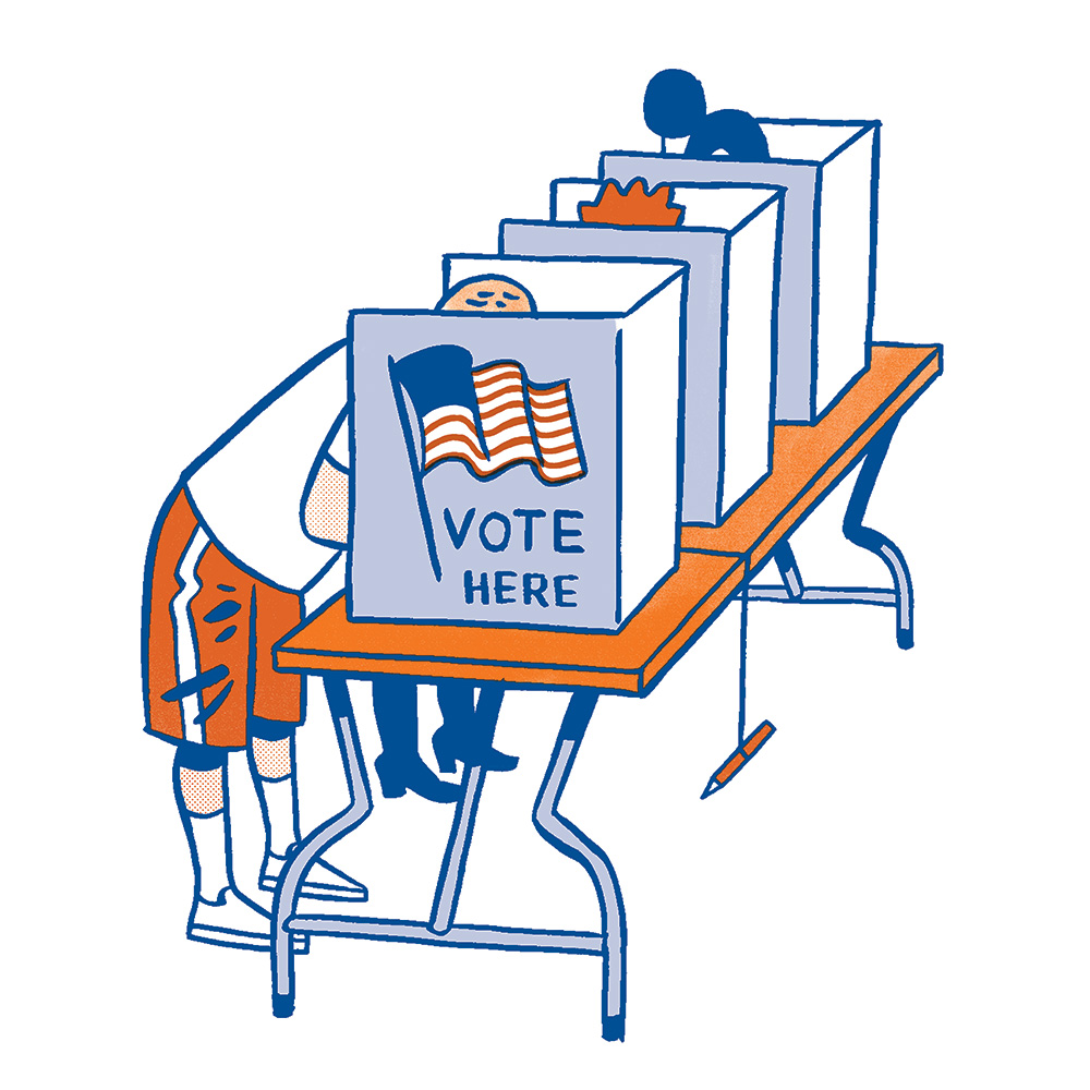 Illustration of three people in a row of voting booths to show voter turnout.