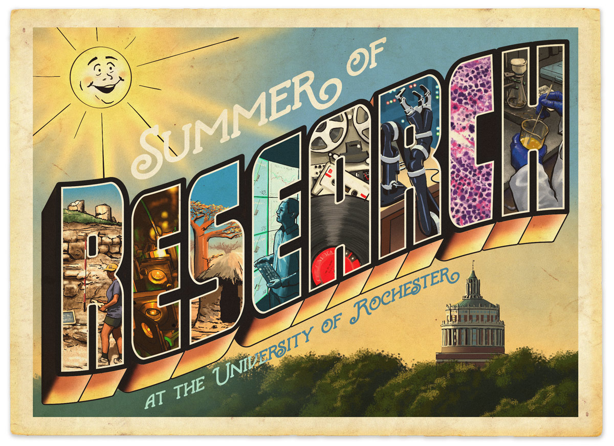 Feature image Retro poster reading "Summer of Research at the University of Rochester" with scientific scenes inside the letters.