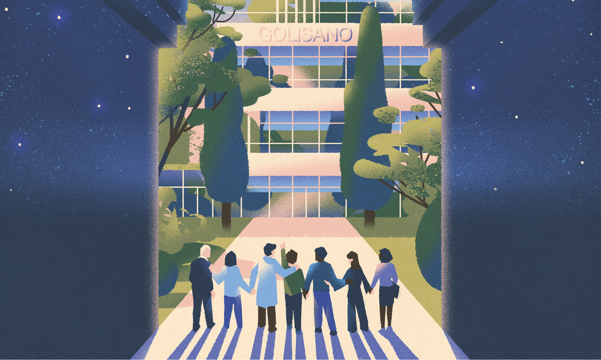Illustration of row of people from behind, holding hands, looking on at new Golisano Intellectual and Developmental Disabilities Institute building.