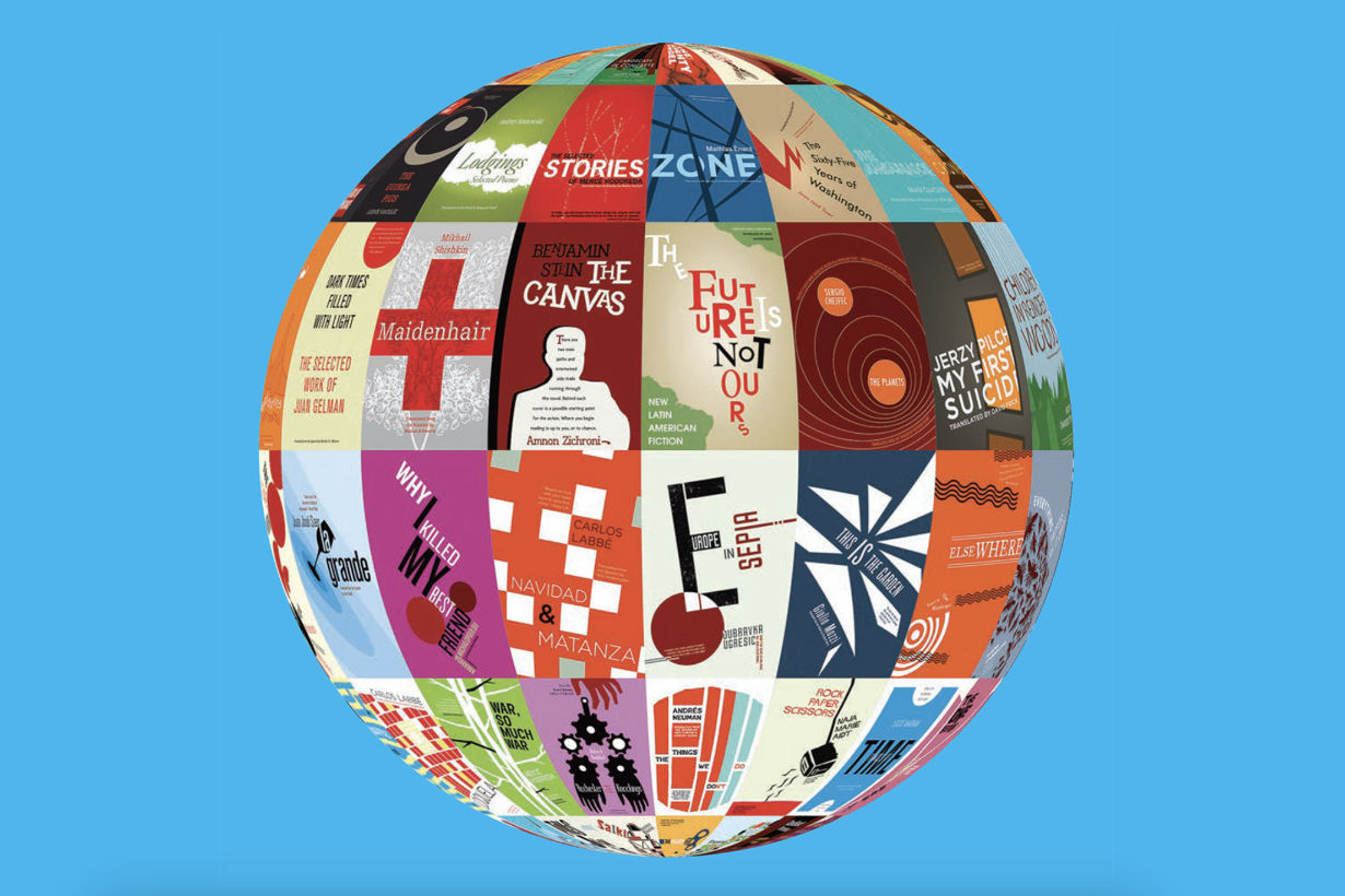 Illustration of Open Letter book covers forming a globe against a light blue background.