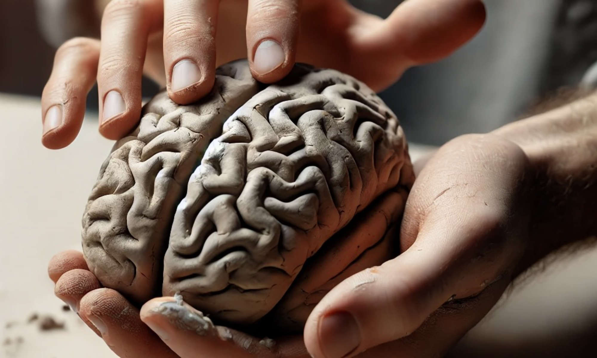 Feature image Hands sculpting a clay brain to illustrate neural sculpting of brain activity patterns.