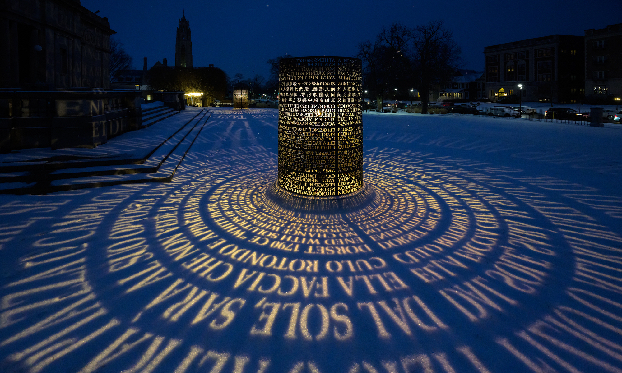 "Argentum: Double-Positive," a light sculpture by Jim Sanborn, during an evening snowfall.
