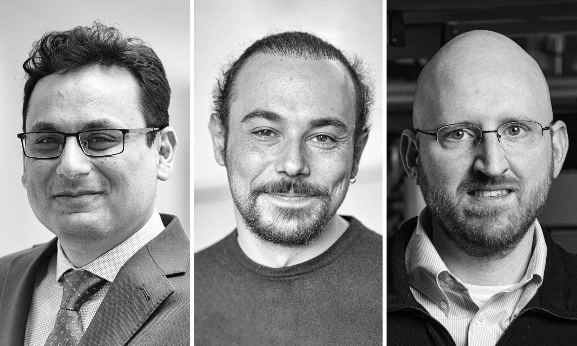 Triptych featuring black-and-white photos of Ehsan Hoque, Petros Tzeferacos, and William Renninger, the University of Rochester's recipients of the 2025 Presidential Early Career Awards for Scientists and Engineers (PECASE).