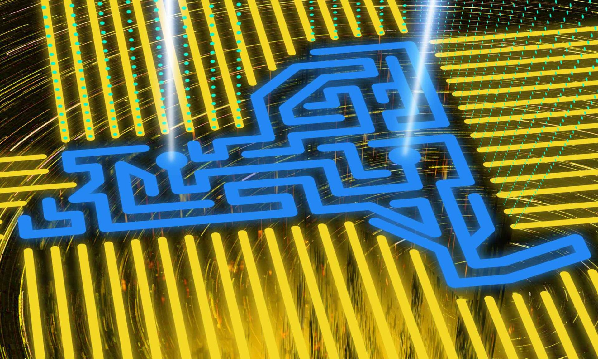 Illustration of New York State with blue circuitry surrounded by yellow lines emanating from it to resemble a microchip while two bursts of light shine from the Rochester and Albany regions to represent the Empire AI Consortium.