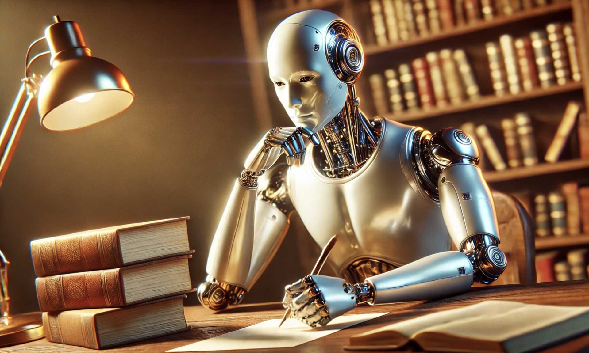 AI-generated illustration of artificial general intelligence shows a gleaming robot sitting at a desk, looking pensive, and writing with its left hand with a few books stacked on the desk.