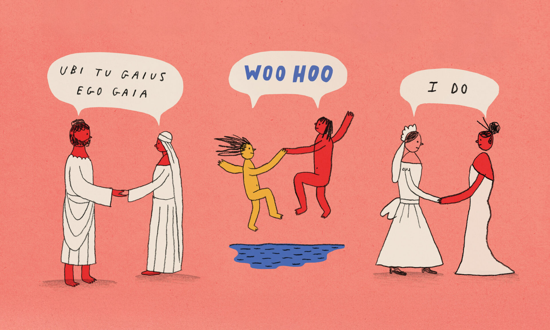 Illustration of three couples facing each other and joining hands with speech bubbles above them.