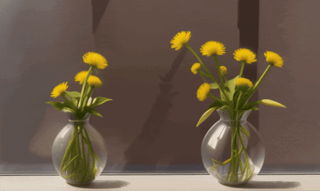GIF of two vases filled with dandelions blossoming to illustrate text-to-video artificial intelligence advances.