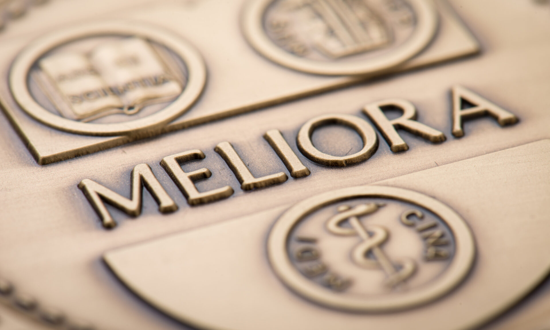 Closeup of a medal bearing the University of Rochester seal.