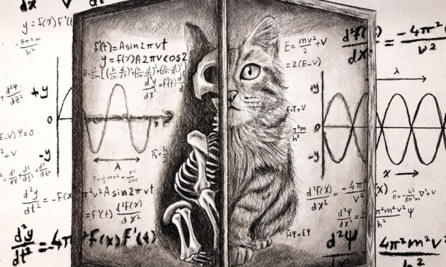 Illustration of Schrödinger’s cat half alive and half skeletal in a box, surrounded by complex physics equations.