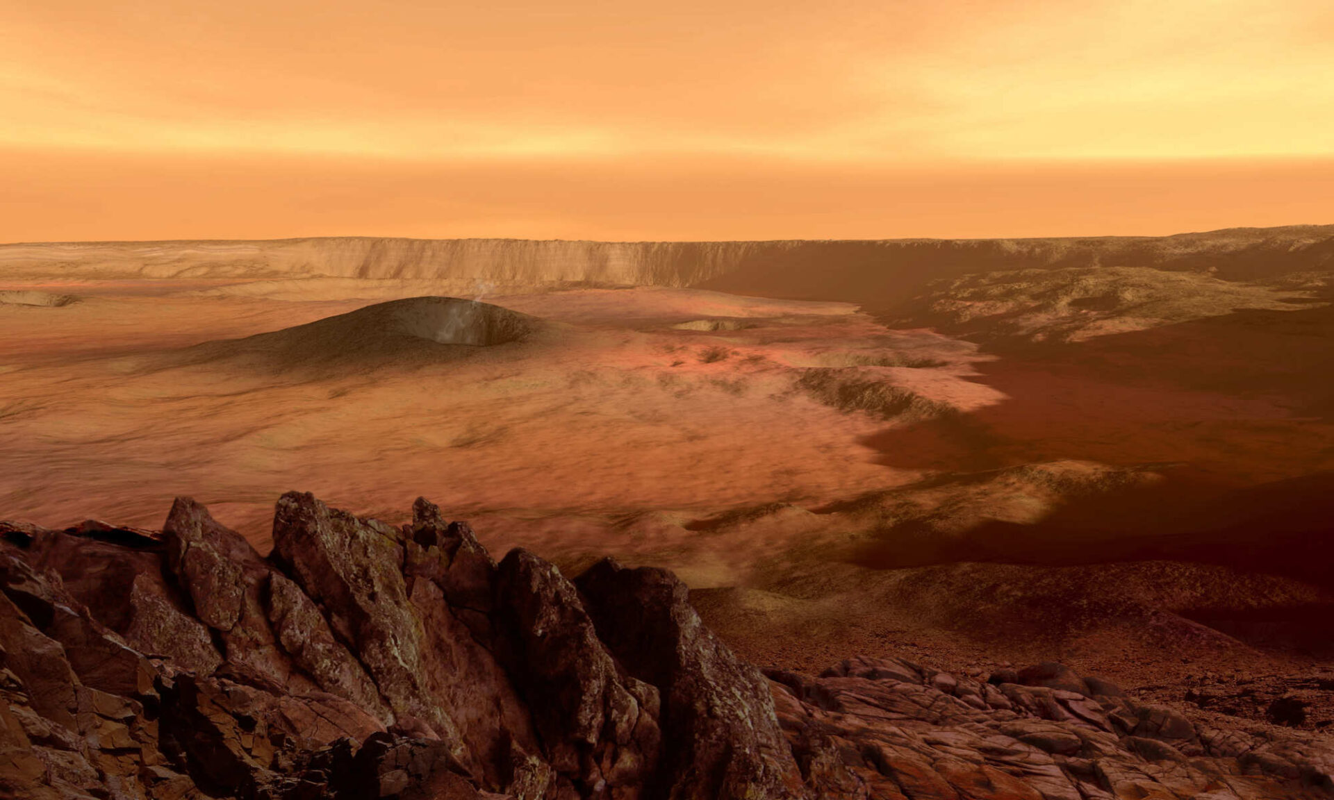 The view from the rim of the caldera of Olympus Mons on Mars, the largest volcano in the solar system.