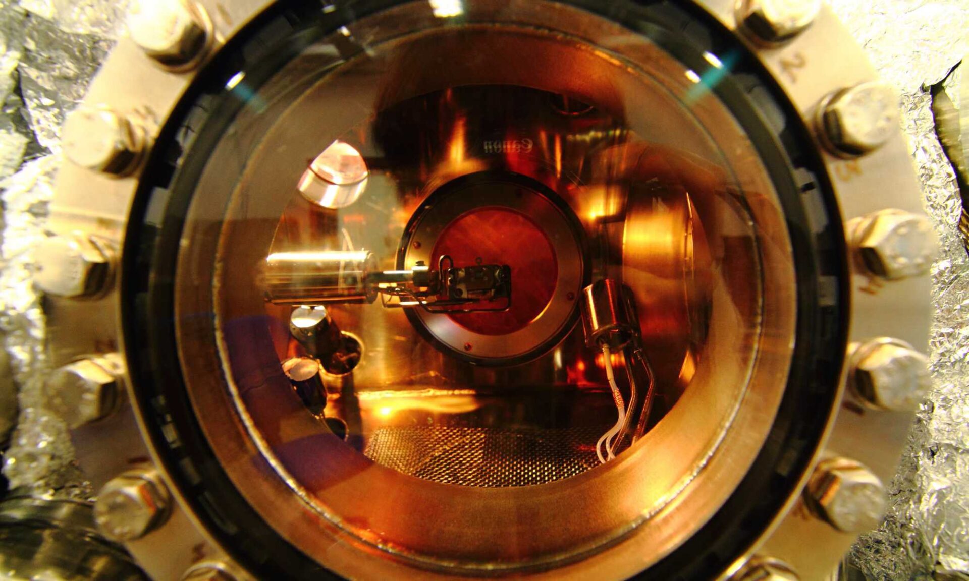 Interior of an ultra-high vacuum chamber of a scanning tunneling microscope.