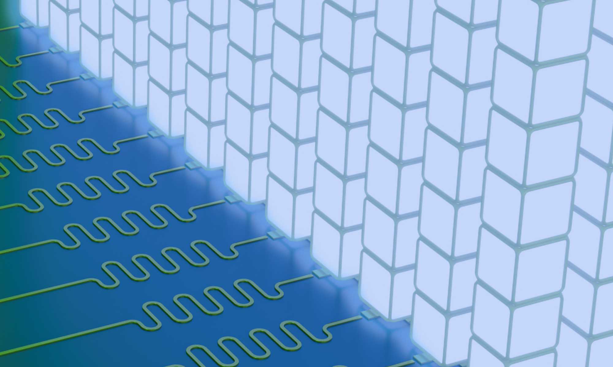 Illustration of a close-up of vertical stacks of light blue cubes representing qudits in Hilbert space connected at the bottom to circuitry.