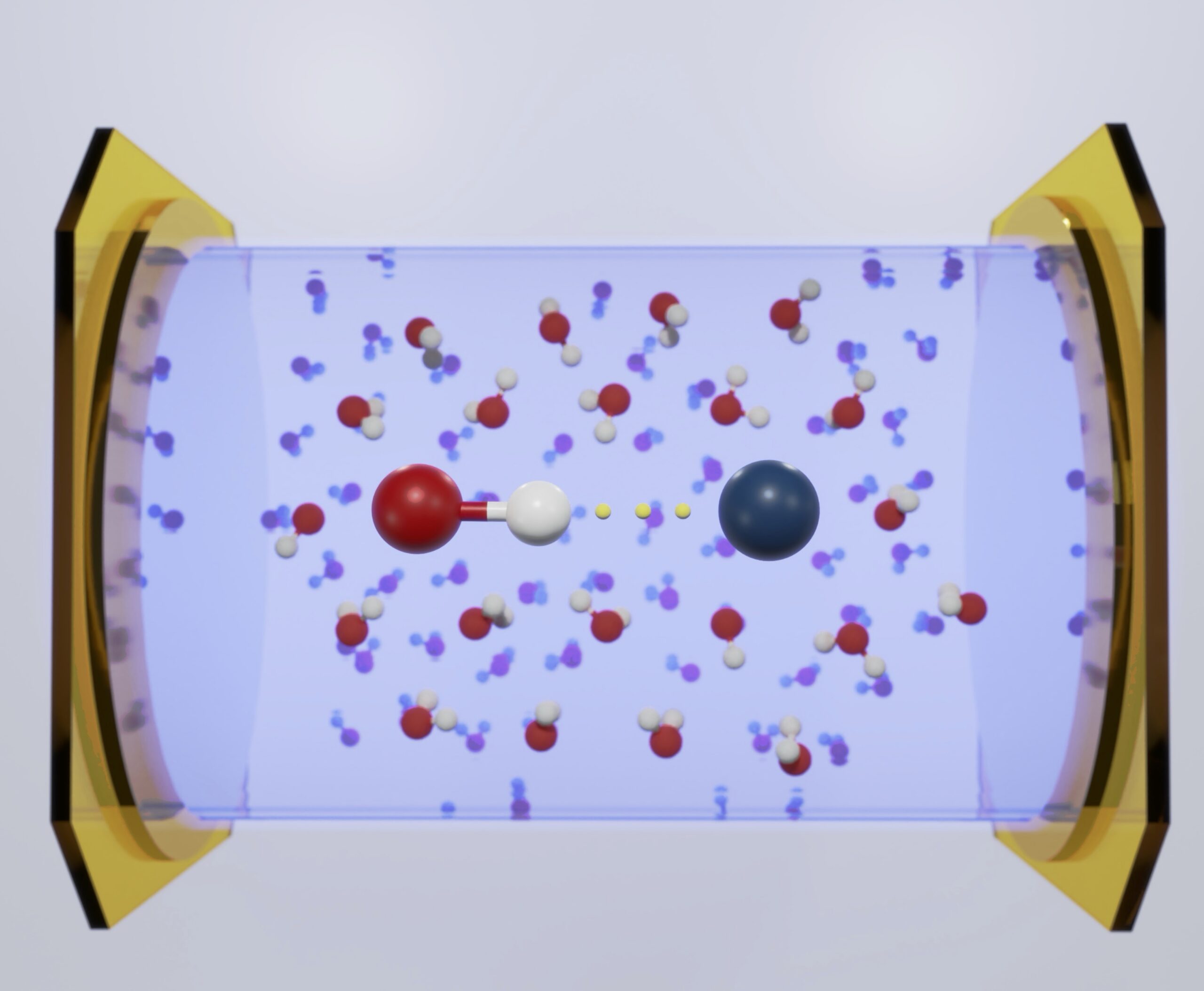Illustration of the inside of an optical micro cavity between two gold mirrors with lots of red, white, and blue particles flying around.
