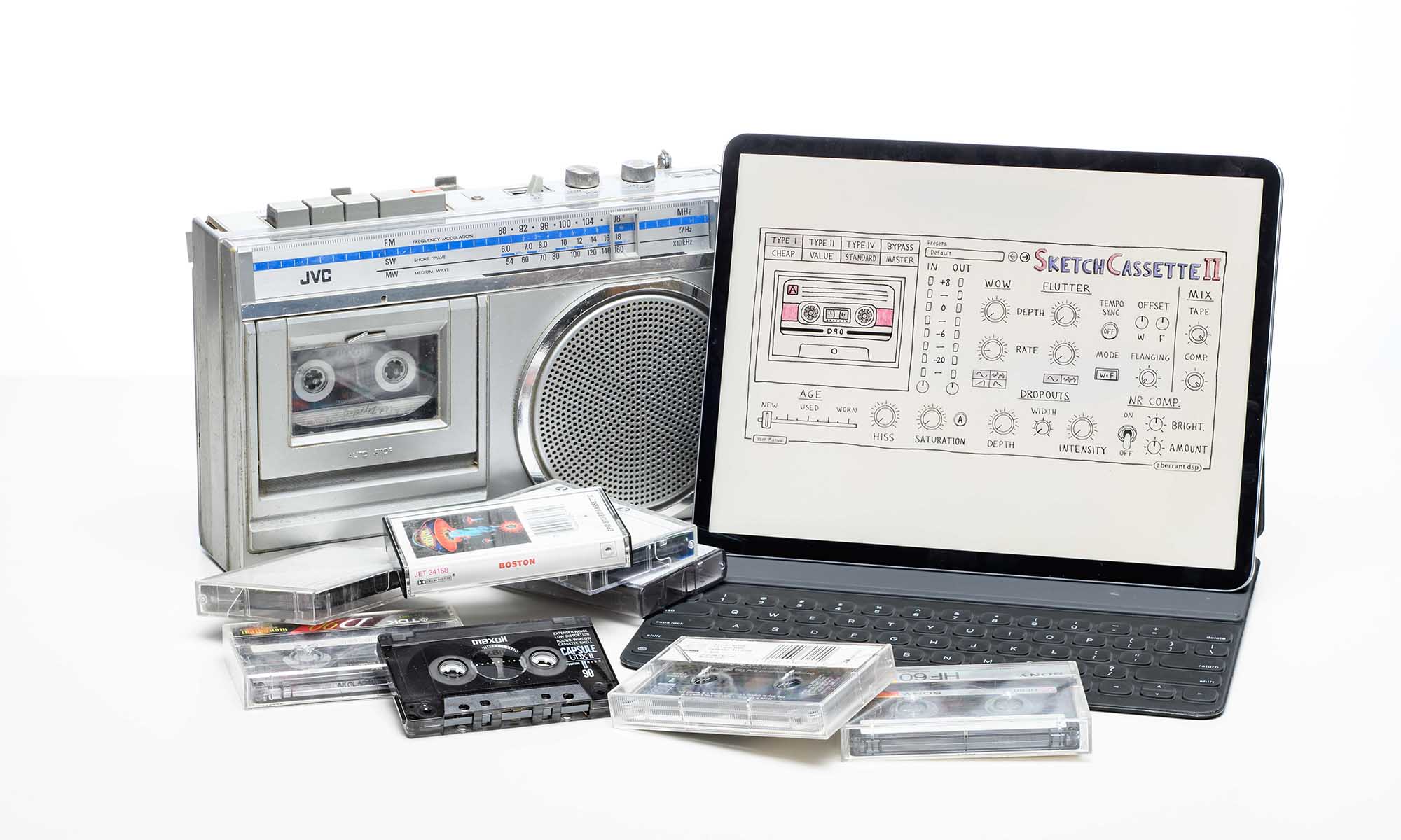 An 80s cassette player with tapes scattered around it and an iPad displaying SketchCassette, a plug-in offered by Aberrant DSP.