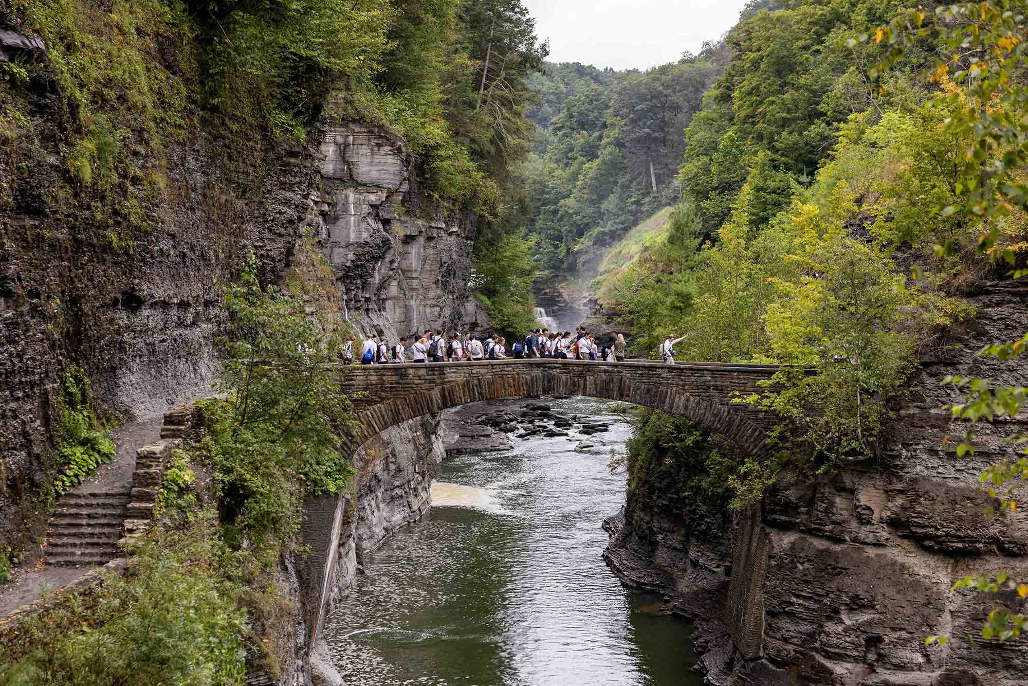 University of Rochester new students hike across a bridge in Letchworth State Park.