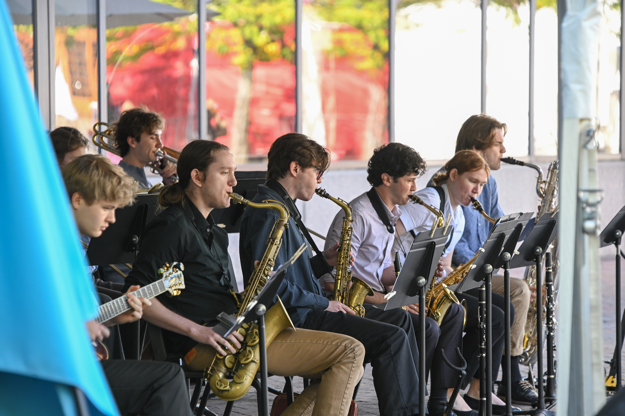 Eastman School of Music students play various instruments during the block party. 