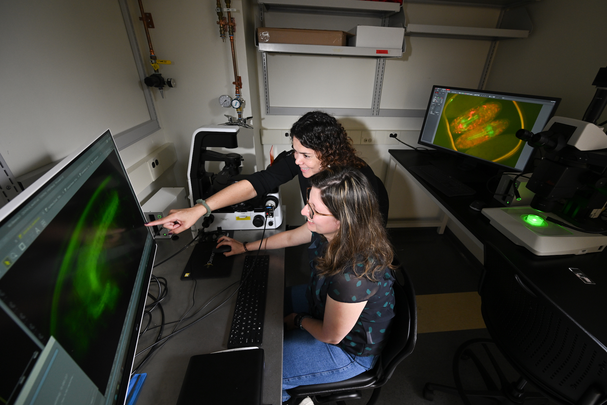 A professor and a PhD student in a lab using a fluorescent microscope. 