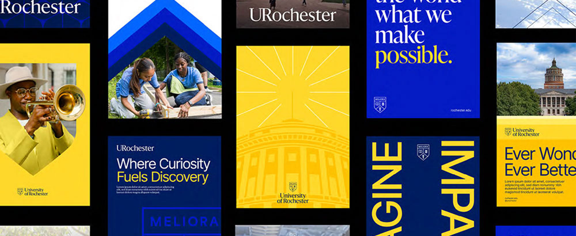 Half a dozen or so examples of posters featuring the new University of Rochester brand, icons, colors, and images.