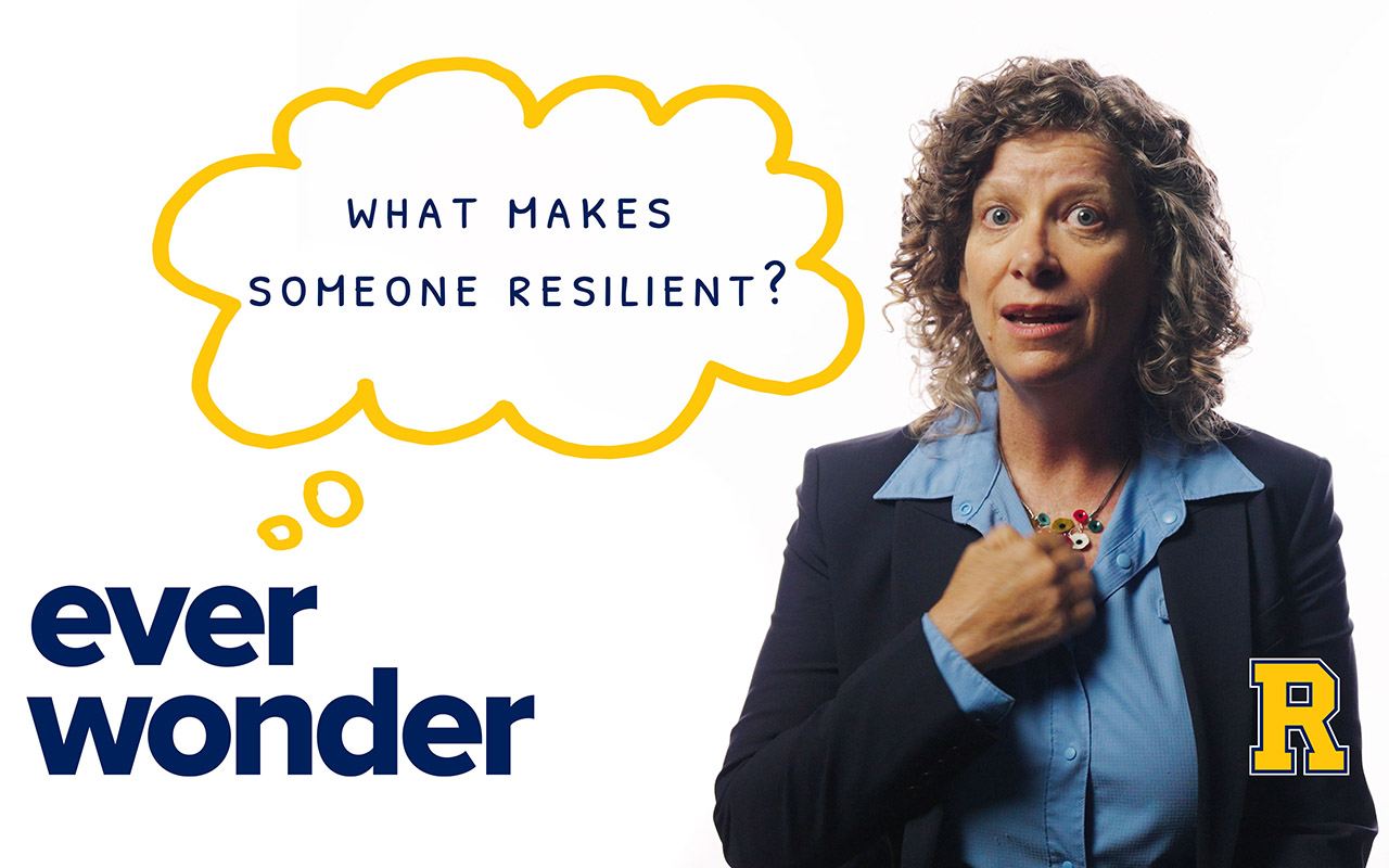 Jennie Noll against a white background next to text that reads "ever wonder" with a thought bubble coming from it that contains the words "what makes someone resilient".