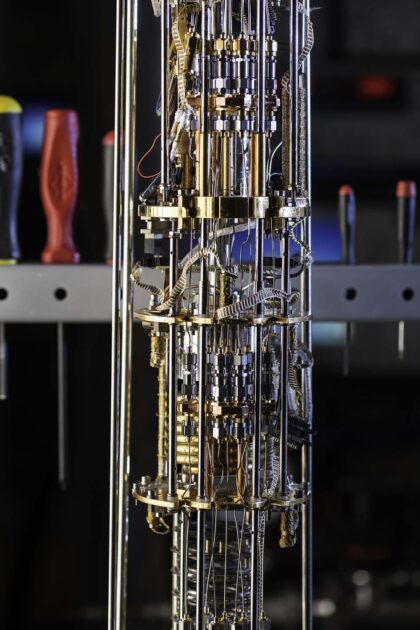 Close up of a quantum computing dilution fridge. 