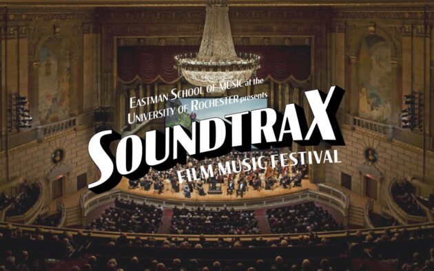The stage, seats, and chandelier of Kodak Hall at Eastman Theatre with an overlay of text that reads "Eastman School of Music at the Ƶ presents Soundtrax Film Music Festival."