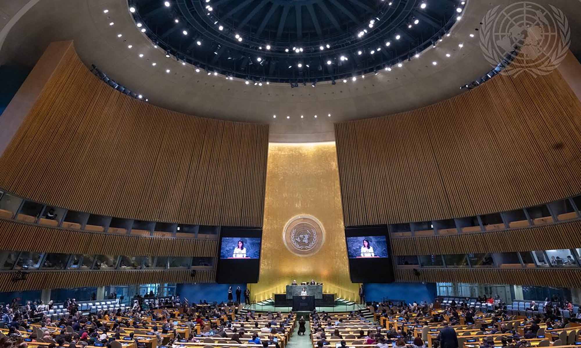 Wide view of the General Assembly Hall during a session of the United Nations General Assembly.