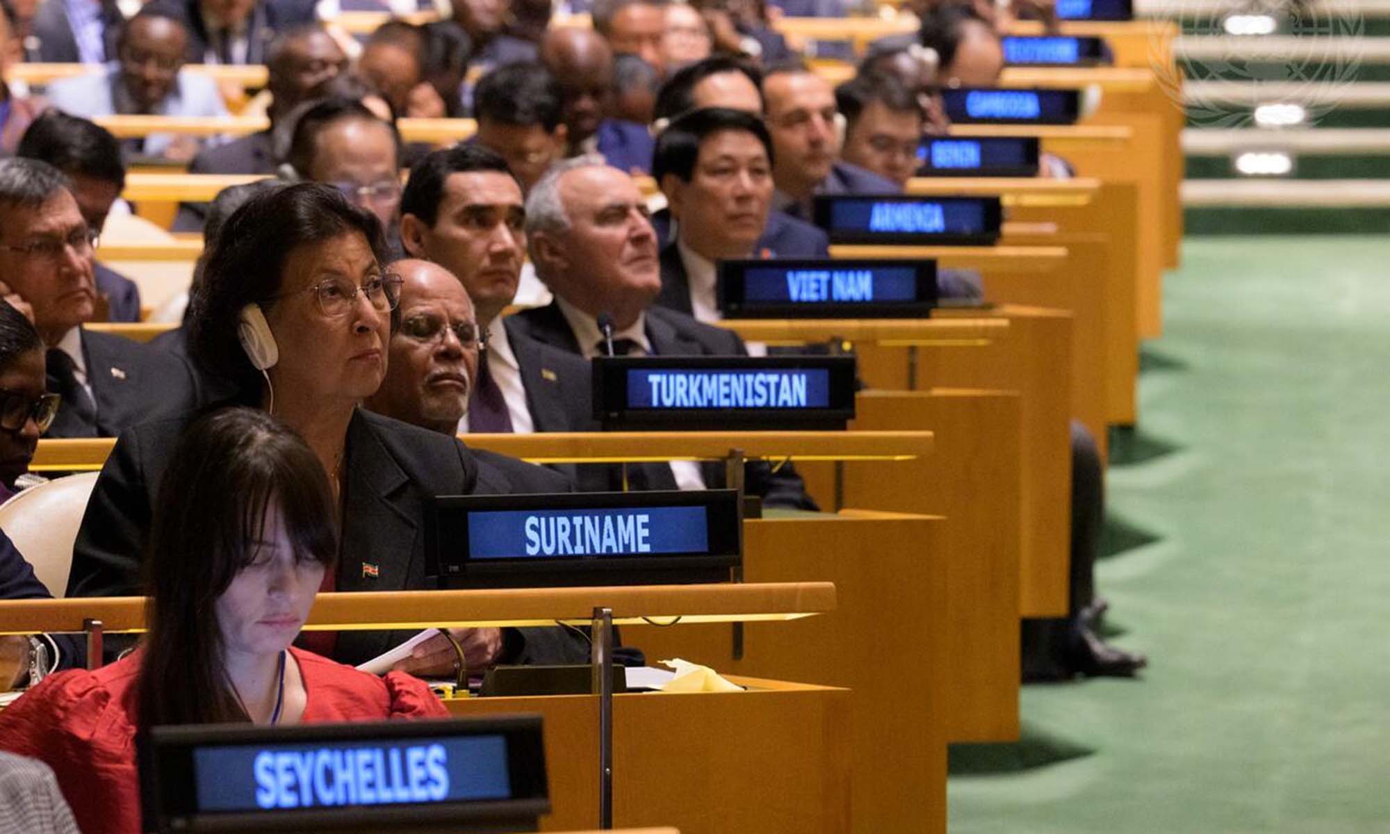 A view of select delegations seated at the aisles attending the first day of the general debate during the eightieth session of the United Nations General Assembly.